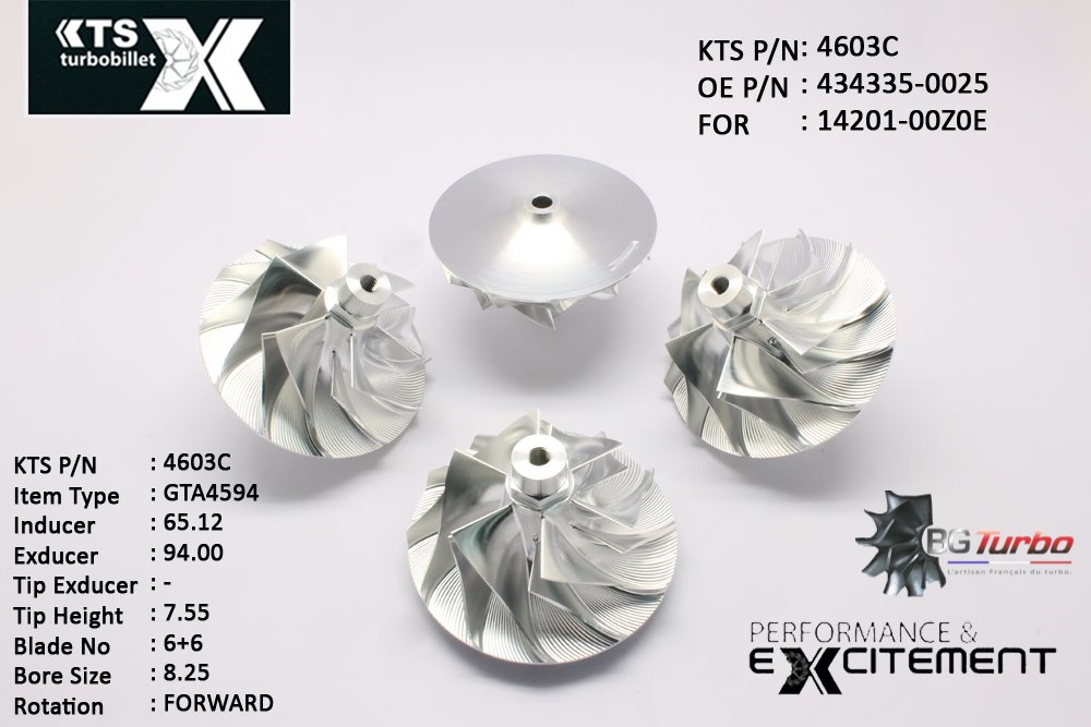 Turbo ROUE FORGÉE MFS PERFORMANCE - 6+6 PALES - INDUCER : 65,12 - EXDUCER : 94 - TYPE : GTA4594ANGLE : 50° - ROTATION : Forward - SUPER BACK : 9,51 - BORE SIZE : 8,25
